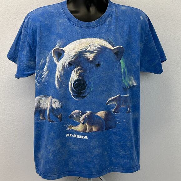 Vintage Y2Ks Polar Bears Alaska T Shirt Bleach Spotted Tie Dye Blue L Large - Picture 2 of 11